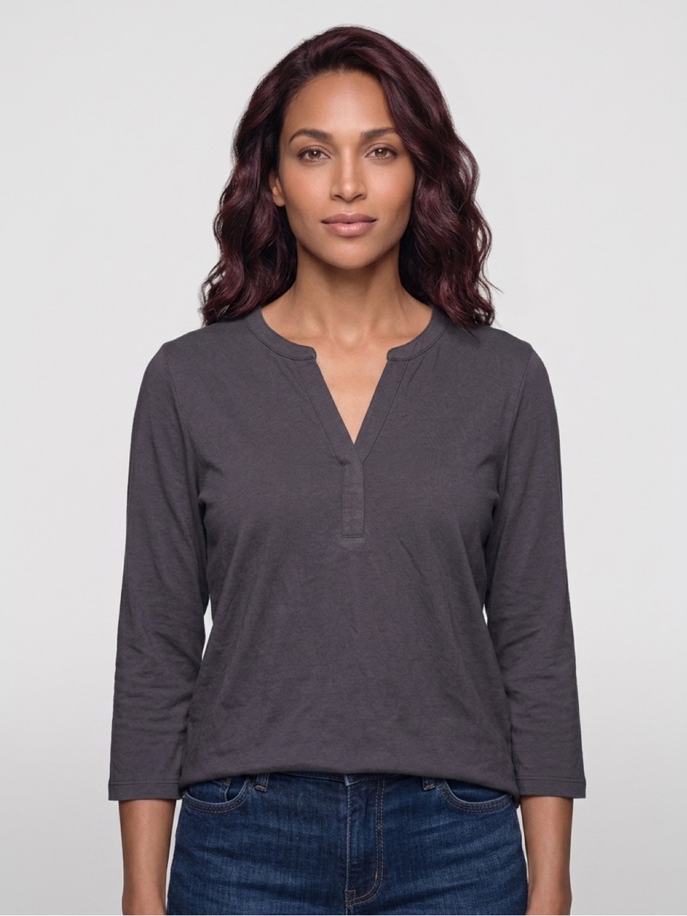 Croft & Borrow Women's Black Notch-Neck 3/4 Sleeve Top